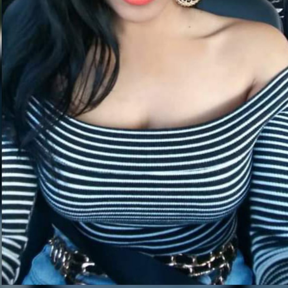 Ambiance Women black & white striped off shoulder long sleeve top